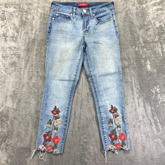 Guess Denim - Guess Floral Embroidered Skinny Jeans Women's Size 28 Light Wash Denim